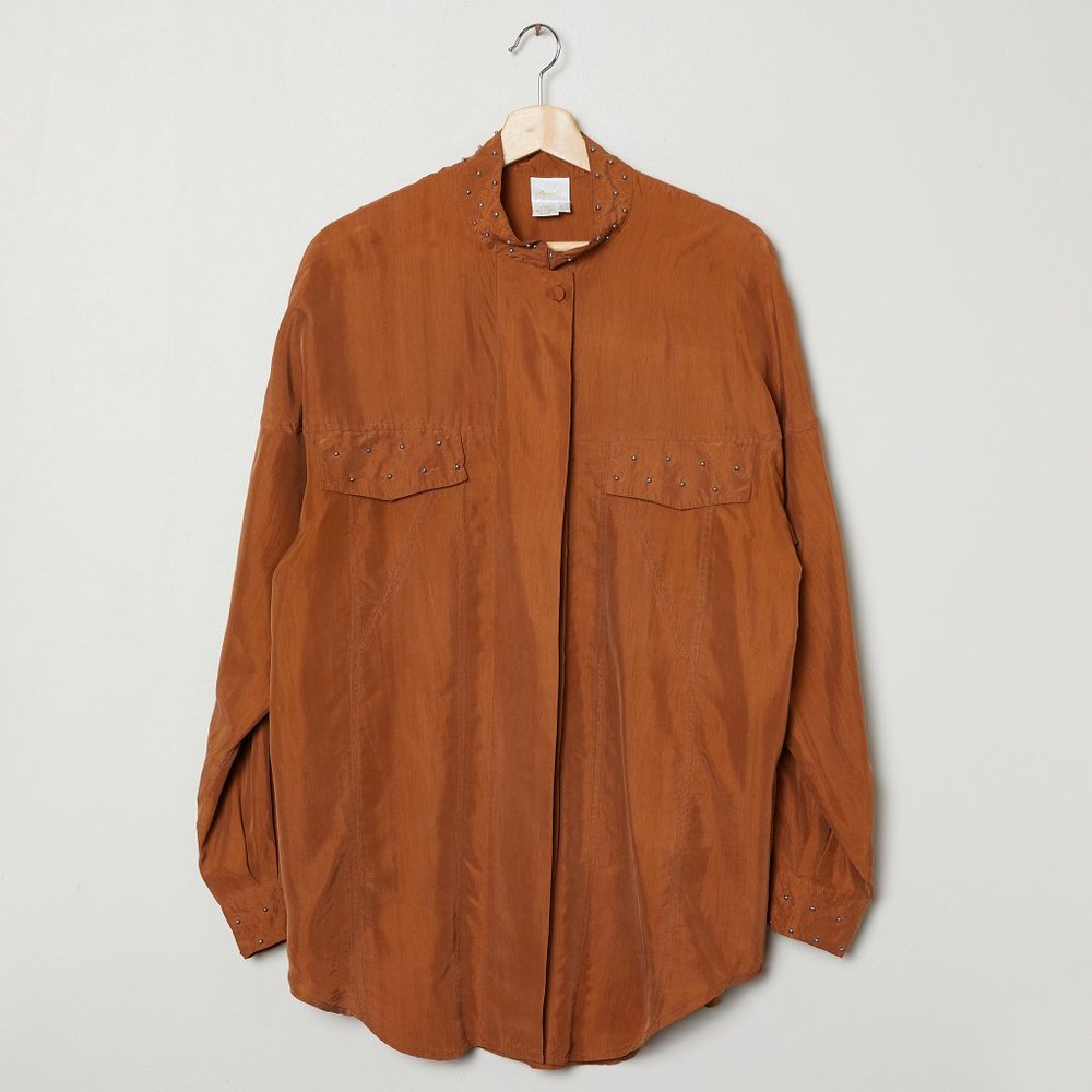 Vtg 80s Copper Silk Shirt XL